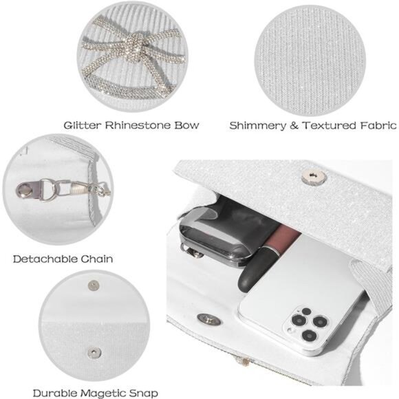 SH Glitter Clutch Purses for Women Elegant Bow Evening Bag Dressy Wedding - Picture 5 of 7